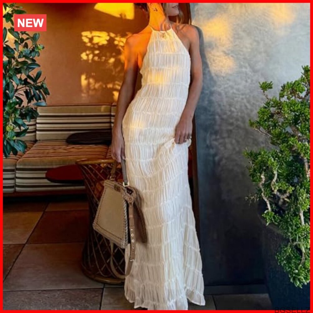 Polyester Textured Halter Backless Maxi Dress For… - image 5